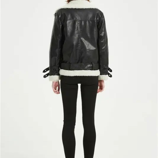 Black aviator Iliya Leather Jacket with white faux fur trim for casual fall and winter