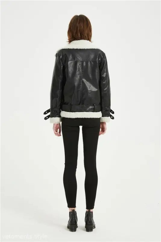 Black aviator Iliya Leather Jacket with white faux fur trim for casual fall and winter