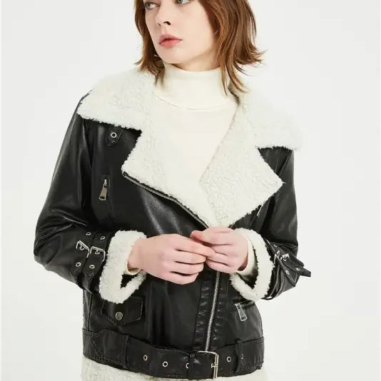 Black Iliya Leather Jacket with white faux fur trim, ideal casual motorcycle coat for winter