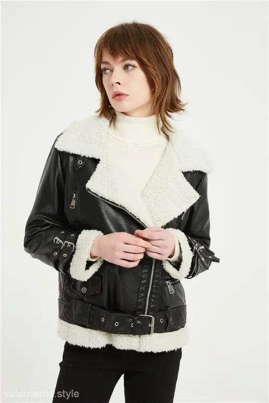Black Iliya Leather Jacket with white faux fur trim, ideal casual motorcycle coat for winter