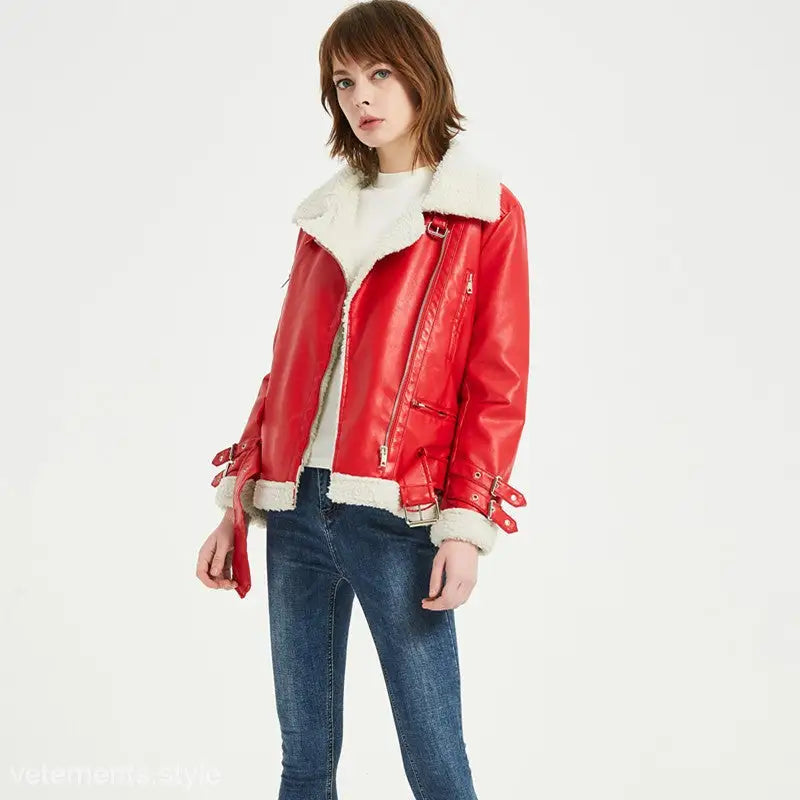 Red Iliya Leather Jacket with white faux fur trim, perfect for fall and winter wear