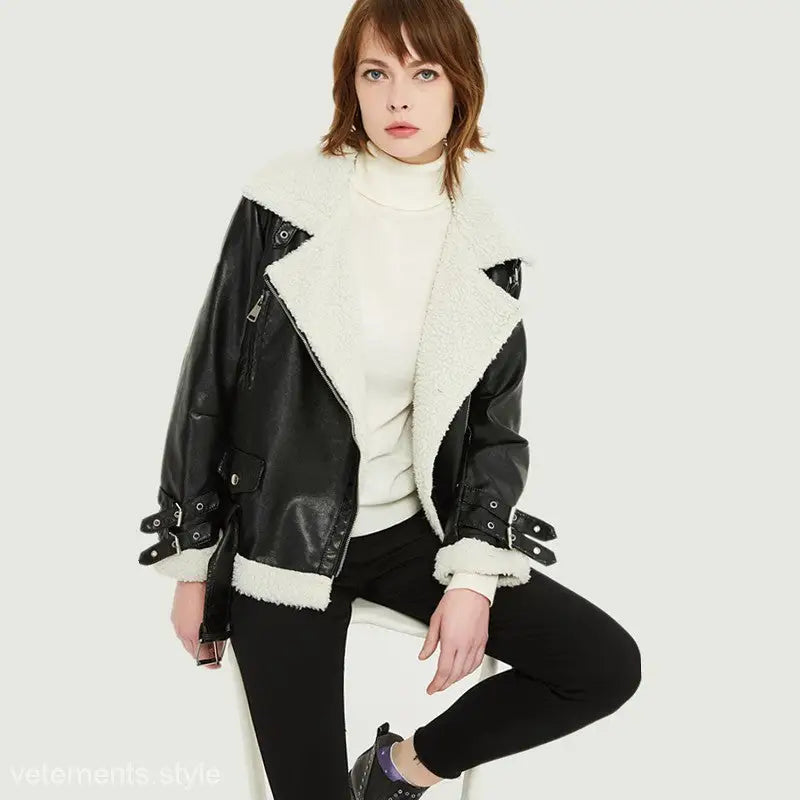 Iliya Leather Jacket: Black faux leather motorcycle coat with white faux fur lining