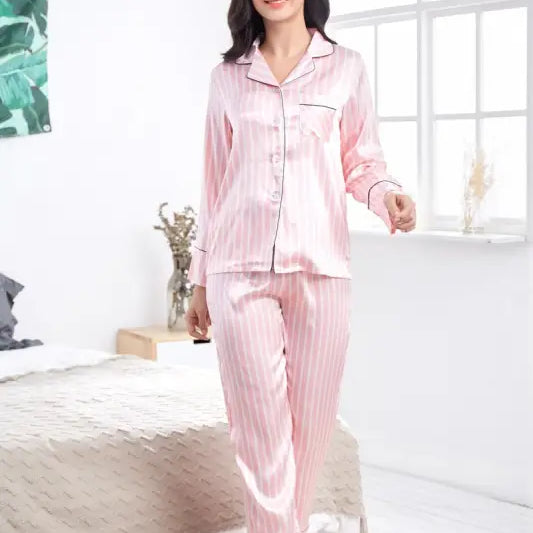 Pink striped satin pajama set with long sleeves, ideal for imitated silk striped casual homewear