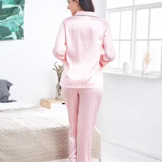 Pink striped satin pajama set worn by woman, ideal imitated silk striped casual homewear