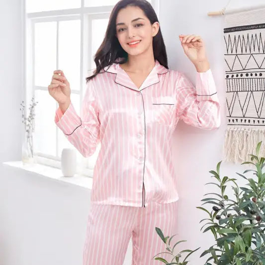 Pink and white imitated silk striped lounge set with long sleeves and pants for casual homewear