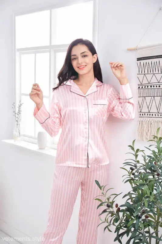 Pink and white imitated silk striped lounge set with long sleeves and pants for casual homewear