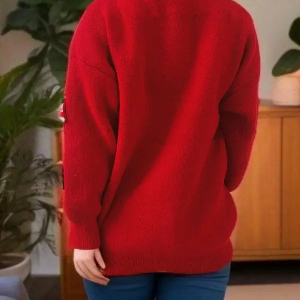 Bright red Christmas Tree Jacquard jacquard three dimensional decoration sweater top worn by a person