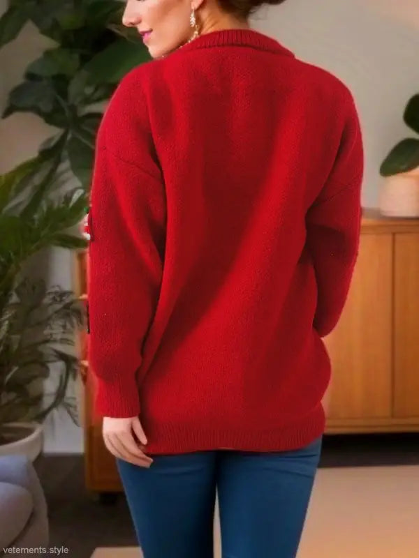 Bright red Christmas Tree Jacquard jacquard three dimensional decoration sweater top worn by a person