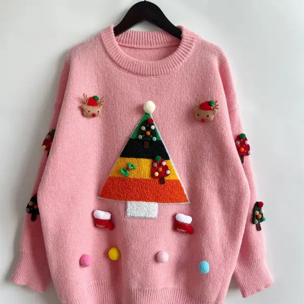 Pink Christmas sweater with colorful jacquard three dimensional Christmas tree decoration and ornaments