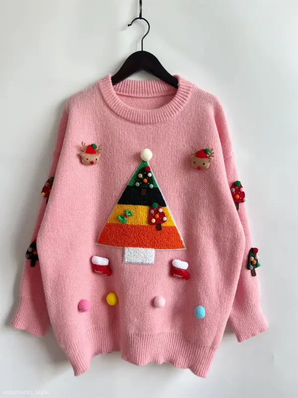 Pink Christmas sweater with colorful jacquard three dimensional Christmas tree decoration and ornaments