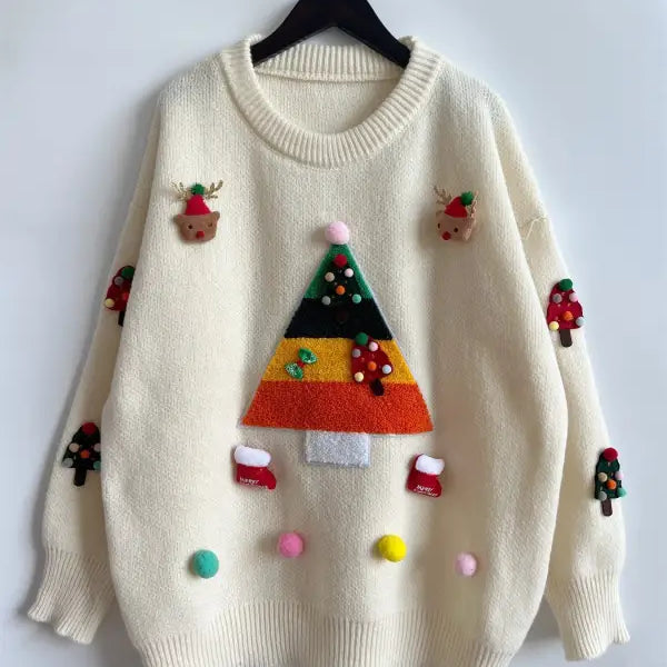 Cream-colored knit sweater with colorful Christmas-themed appliqués, jacquard three dimensional decoration