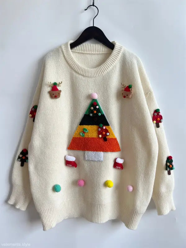 Cream-colored knit sweater with colorful Christmas-themed appliqués, jacquard three dimensional decoration