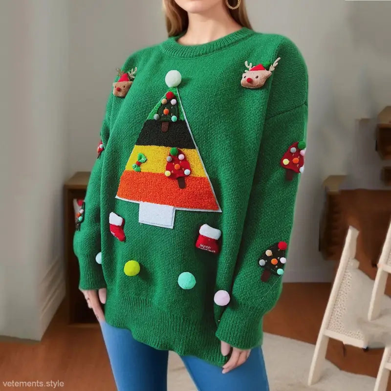 Festive green Christmas sweater with colorful jacquard three dimensional Christmas tree and reindeer appliques