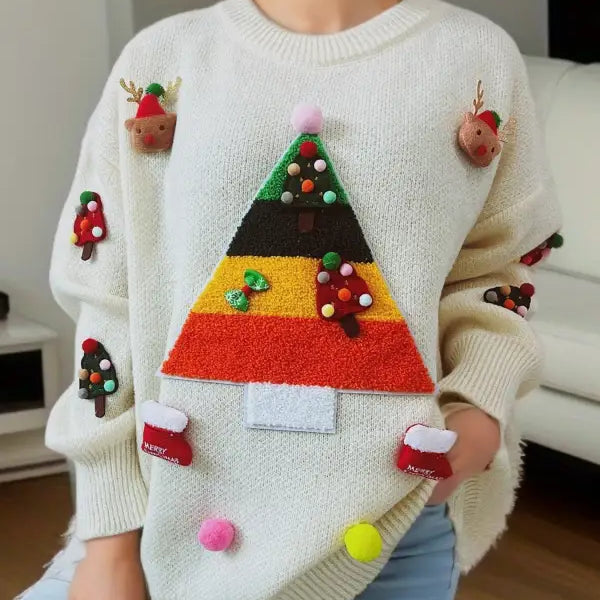 Festive white sweater with colorful triangle Christmas tree jacquard three dimensional decoration