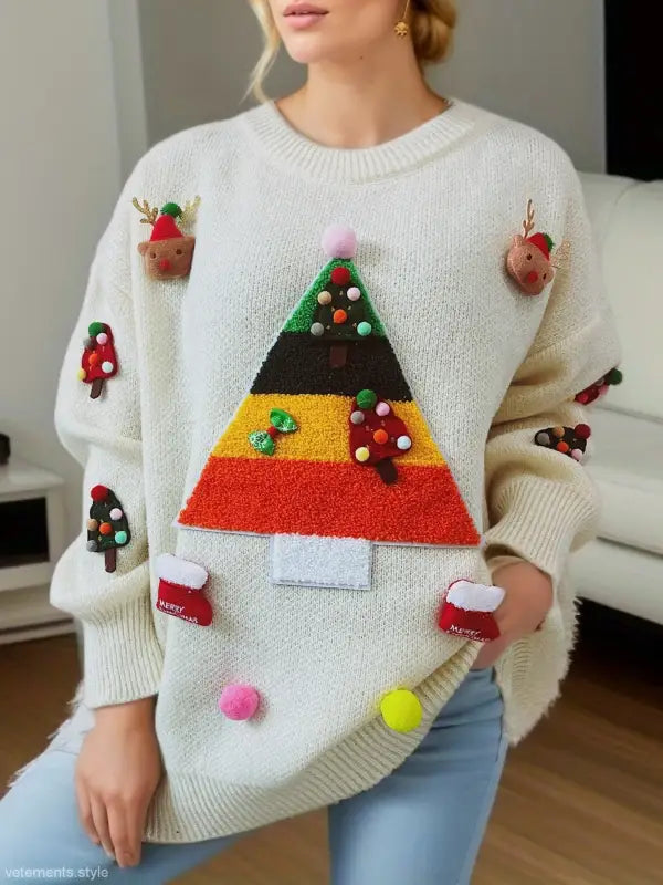 Festive white sweater with colorful triangle Christmas tree jacquard three dimensional decoration