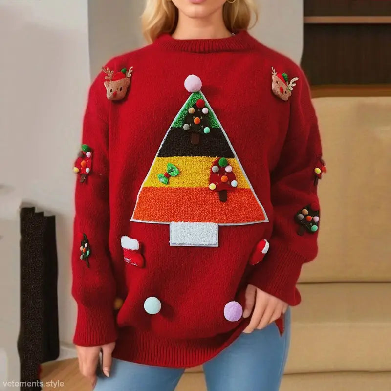 Red Christmas sweater with colorful triangular Christmas tree jacquard three dimensional decoration