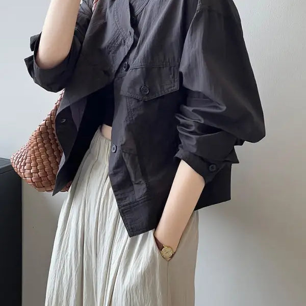 Khaki Green Casual Polyester Shirt with Black Button-Down Jacket for Summer Cardigan Short