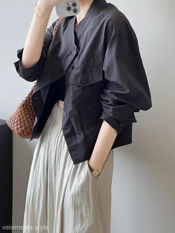 Khaki Green Casual Polyester Shirt with Black Button-Down Jacket for Summer Cardigan Short