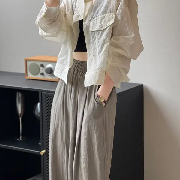 Woman’s casual outfit with khaki green polyester shirt perfect for summer cardigan short style, free shipping available