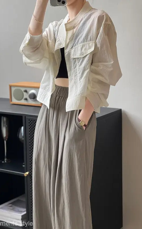 Woman’s casual outfit with khaki green polyester shirt perfect for summer cardigan short style, free shipping available