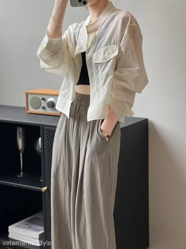 Woman’s casual outfit with khaki green polyester shirt perfect for summer cardigan short style, free shipping available