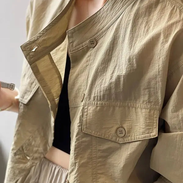 Tan collared button-up jacket from Khaki Green Casual Polyester Shirt with free shipping