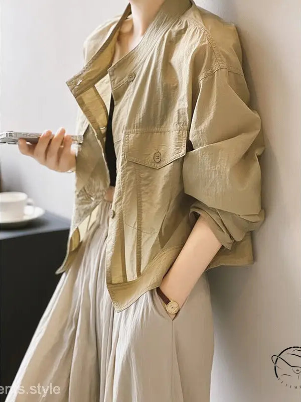 Khaki green summer cardigan short with tan button-up jacket, free shipping