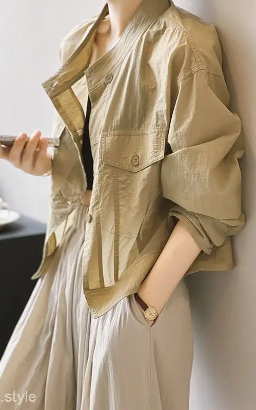 Khaki Green Casual Polyester Shirt featuring a tan button-up jacket with free shipping