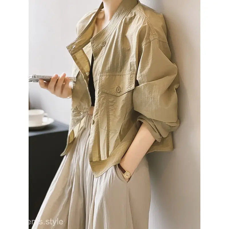 Khaki Green Casual Polyester Shirt featuring a tan button-up jacket with free shipping