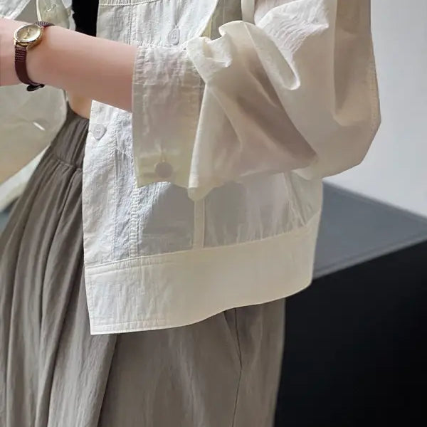 Sheer white button-down shirt from Khaki Green Casual Polyester Shirt collection with free shipping