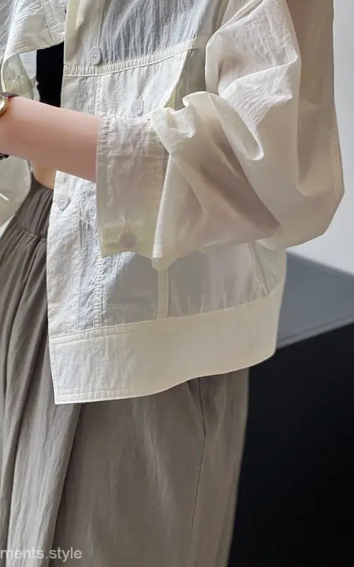 Sheer white button-down shirt from Khaki Green Casual Polyester Shirt collection with free shipping