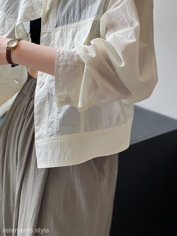 Sheer white button-down shirt from Khaki Green Casual Polyester Shirt collection with free shipping