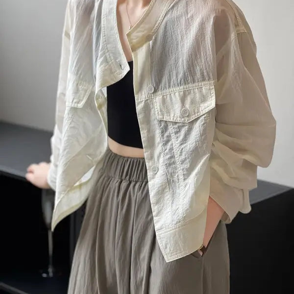 Sheer off-white summer cardigan short jacket, khaki green casual polyester shirt, free shipping