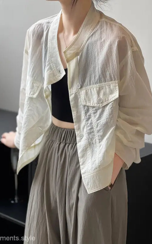 Sheer off-white summer cardigan short jacket, khaki green casual polyester shirt, free shipping