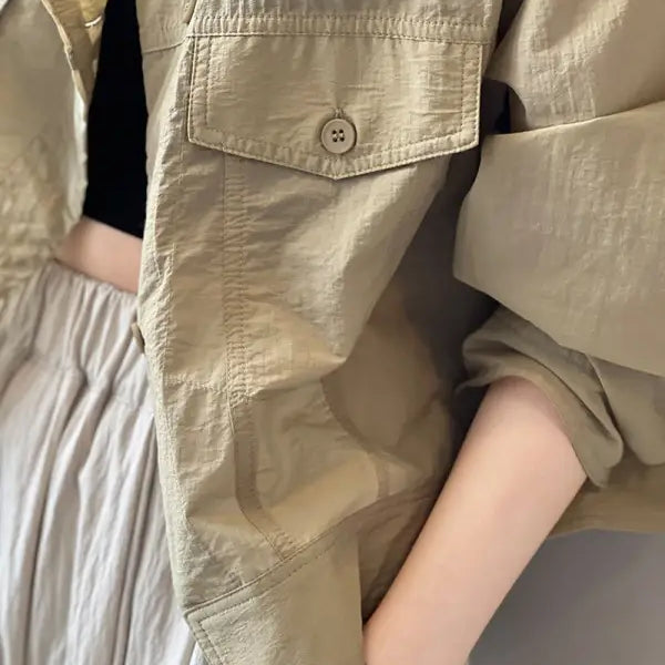 Beige buttoned jacket from Khaki Green Casual Polyester Shirt with free shipping