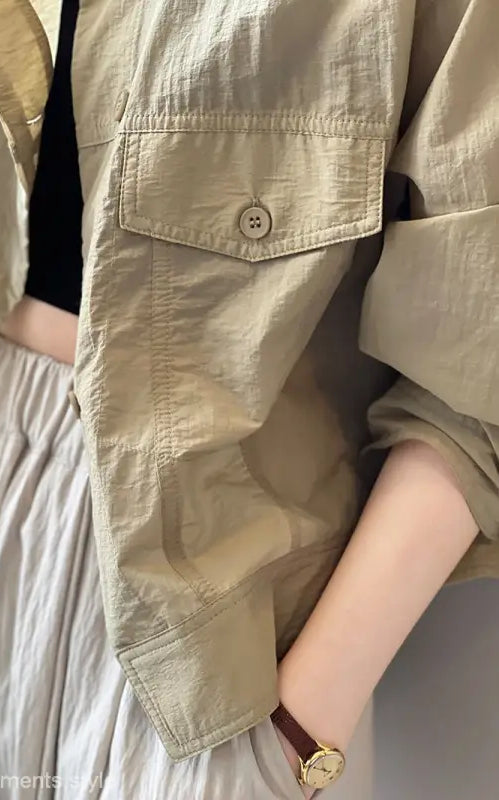 Beige buttoned jacket from Khaki Green Casual Polyester Shirt with free shipping