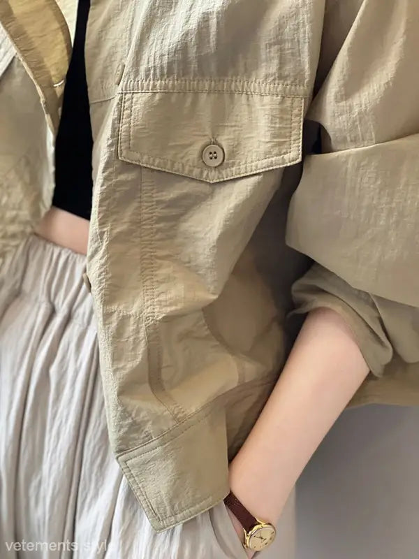 Beige buttoned jacket from Khaki Green Casual Polyester Shirt with free shipping