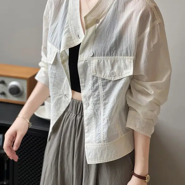 Lightweight off-white button-down jacket in khaki green, perfect as a summer cardigan short with free shipping