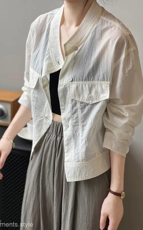 Lightweight off-white button-down jacket in khaki green, perfect as a summer cardigan short with free shipping