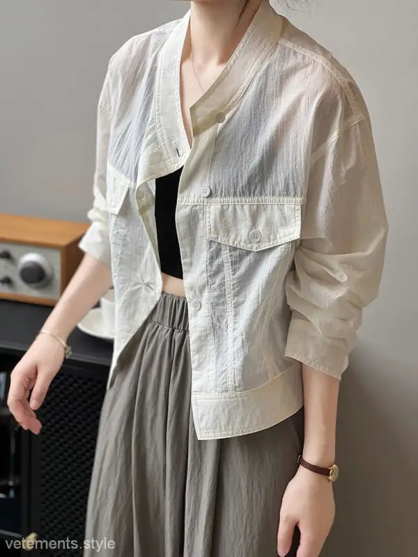 Lightweight off-white button-down jacket in khaki green, perfect as a summer cardigan short with free shipping