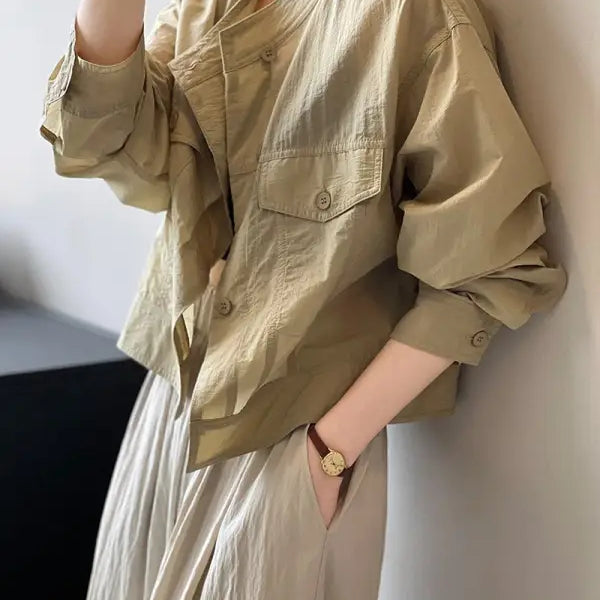 Khaki green button-up jacket from Khaki Green Casual Polyester Shirt, perfect summer cardigan short with free shipping