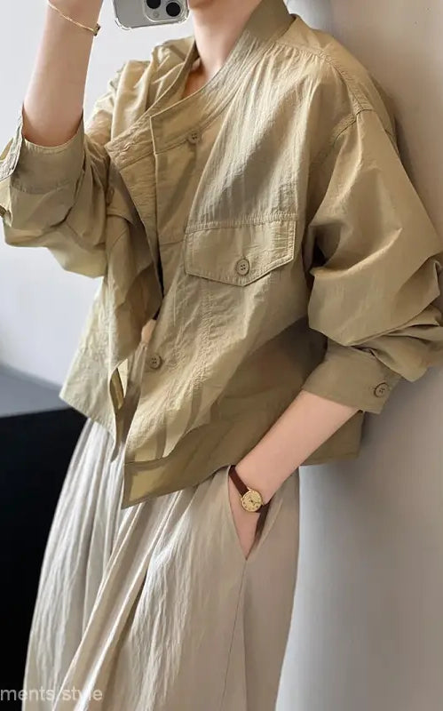 Khaki green button-up jacket from Khaki Green Casual Polyester Shirt, perfect summer cardigan short with free shipping