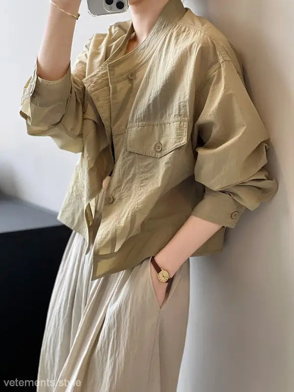 Khaki green button-up jacket from Khaki Green Casual Polyester Shirt, perfect summer cardigan short with free shipping