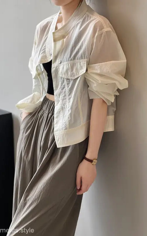 Woman’s sheer cropped khaki green summer cardigan short with free shipping displayed