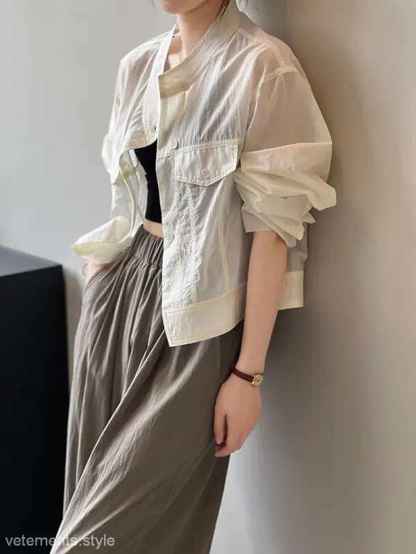 Woman’s sheer cropped khaki green summer cardigan short with free shipping displayed