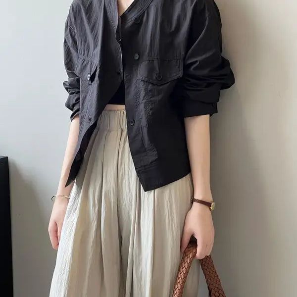 Black button-down jacket; khaki green casual polyester shirt with free shipping option