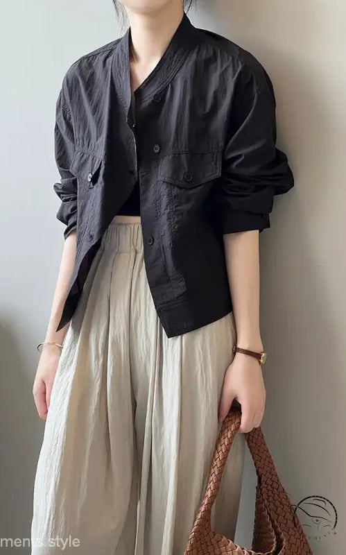 Khaki green casual polyester shirt with black button-down jacket