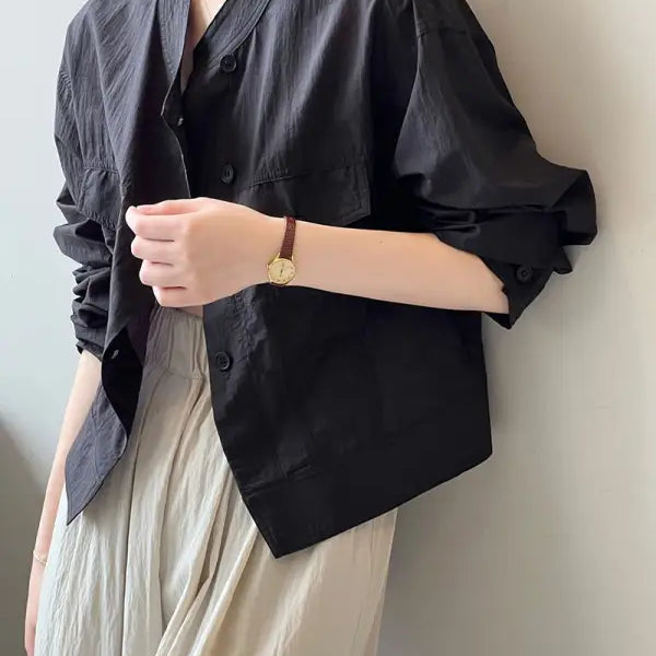 Black button-down shirt displayed in Khaki Green Casual Polyester Shirt with free shipping