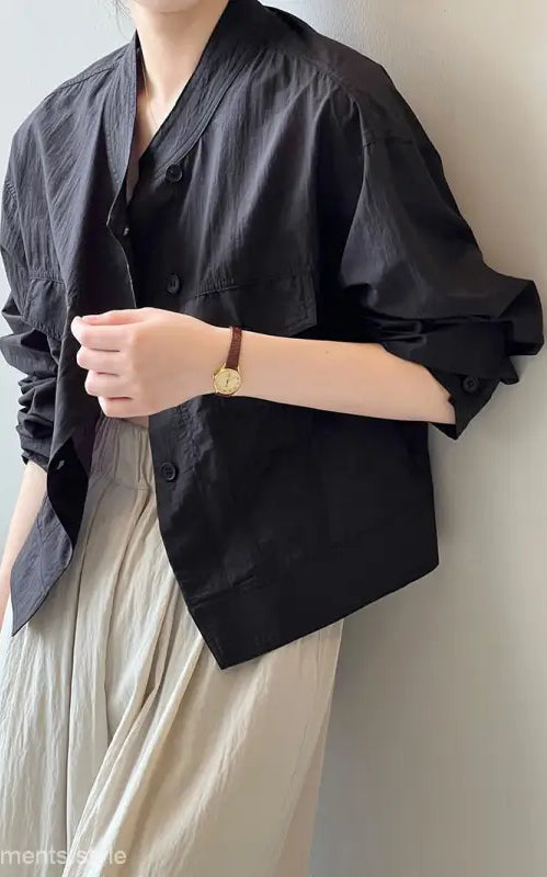 Black button-down shirt displayed in Khaki Green Casual Polyester Shirt with free shipping