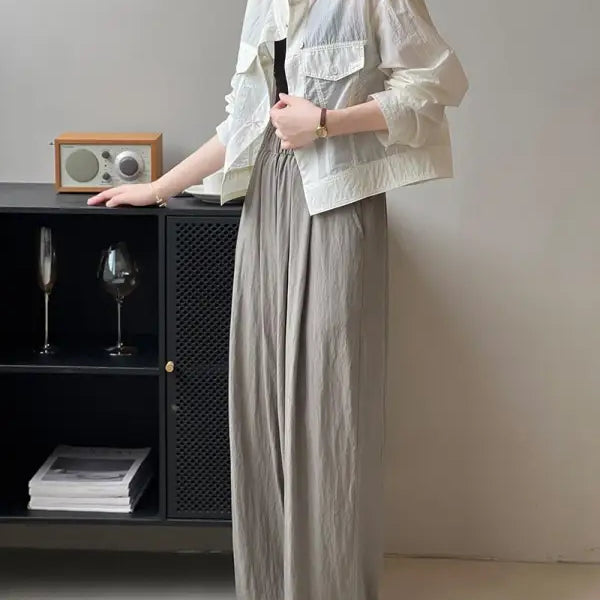 Woman in khaki green casual polyester shirt with white jacket and wide-legged pants, perfect for summer cardigan short, available with free shipping